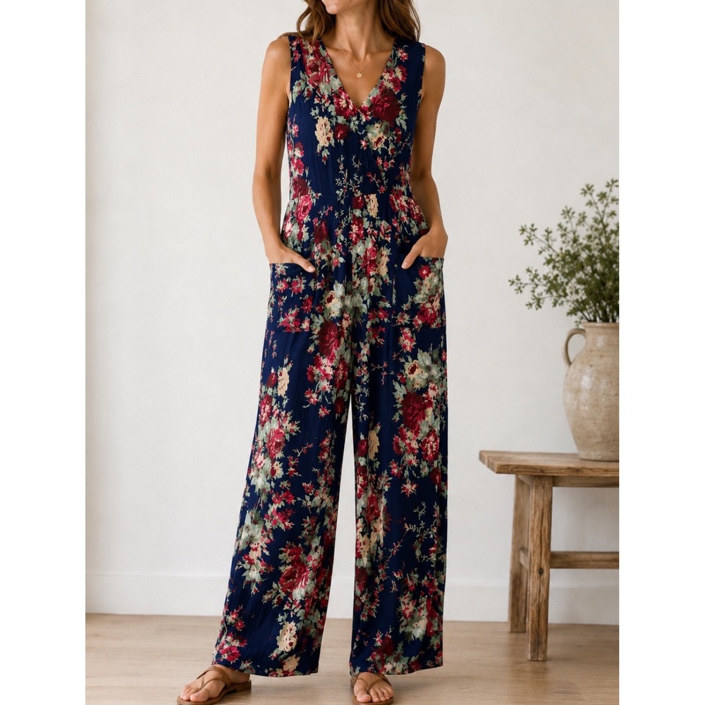 April Cornell Women Jumpsuit Sz XXL Floral Navy Blue Sleeveless Wide Leg Pockets